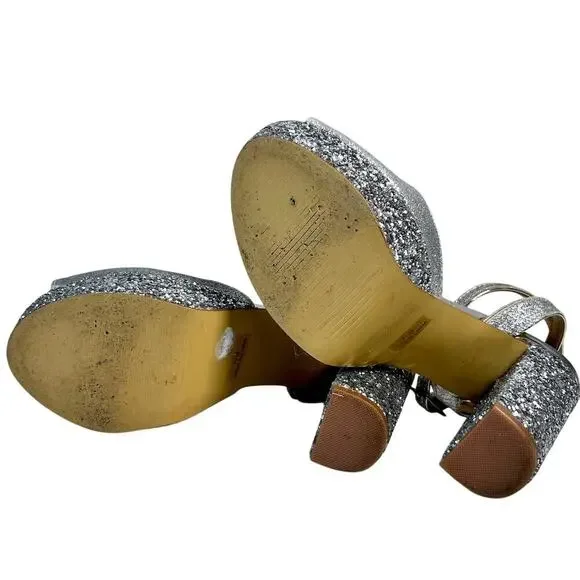 Badgley Mischka 7.5 Zale Open Toe Platform Block Heel Glitter Adjustable Buckle - Picture 9 of 9
